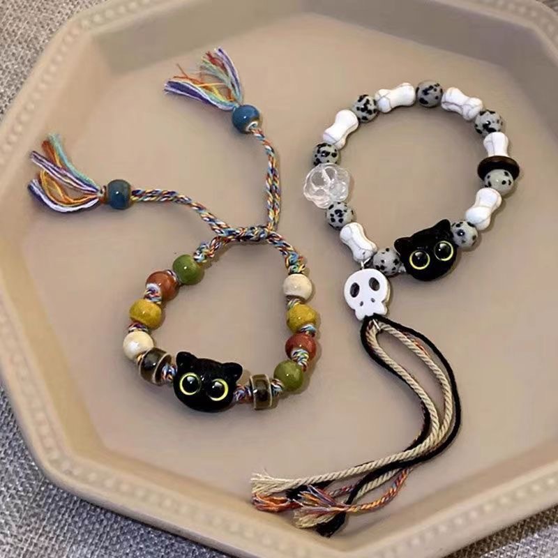骷髅猫咪编织绳手链男女款小众设计感甜酷中国风流苏彩色手串手饰